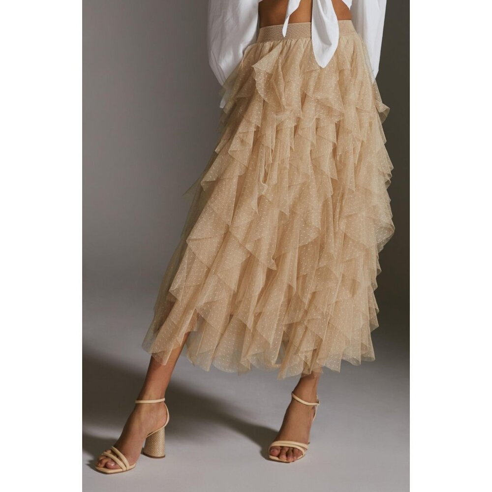 NWT Anthropologie Evelyn Chéri Cheri in Moss Beige Ruffled Tulle Midi Skirt L